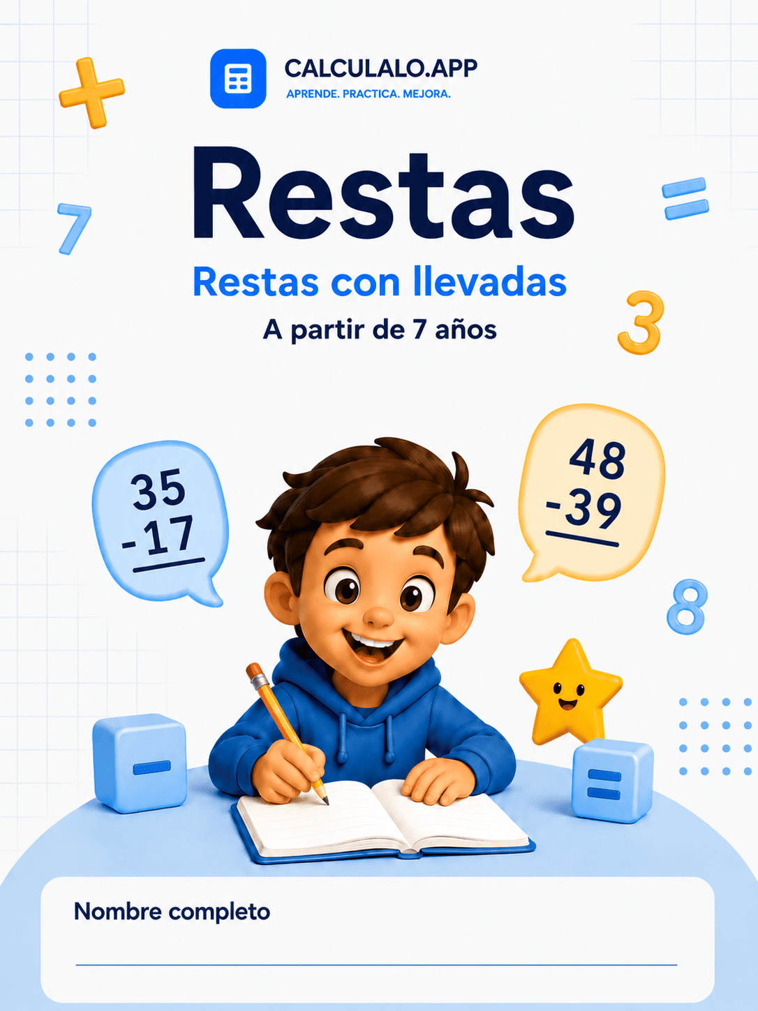 Portada del cuadernillo de restas con llevadas para imprimir — 2º de Primaria