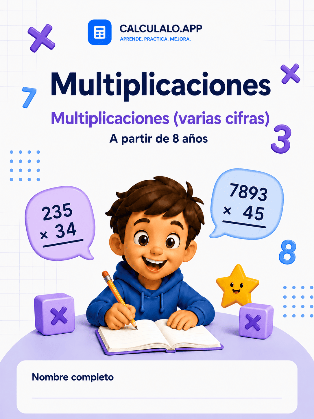 Portada del cuadernillo de multiplicaciones de varias cifras para imprimir — 3º de Primaria