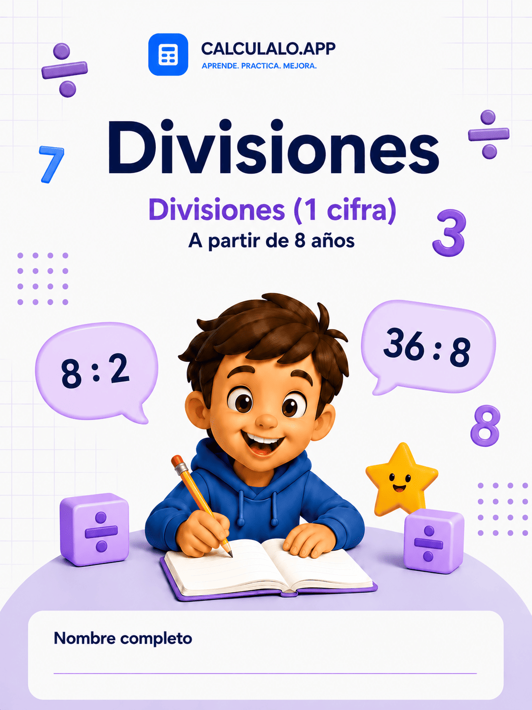 Portada del cuadernillo de divisiones de 1 cifra para imprimir — 3º de Primaria