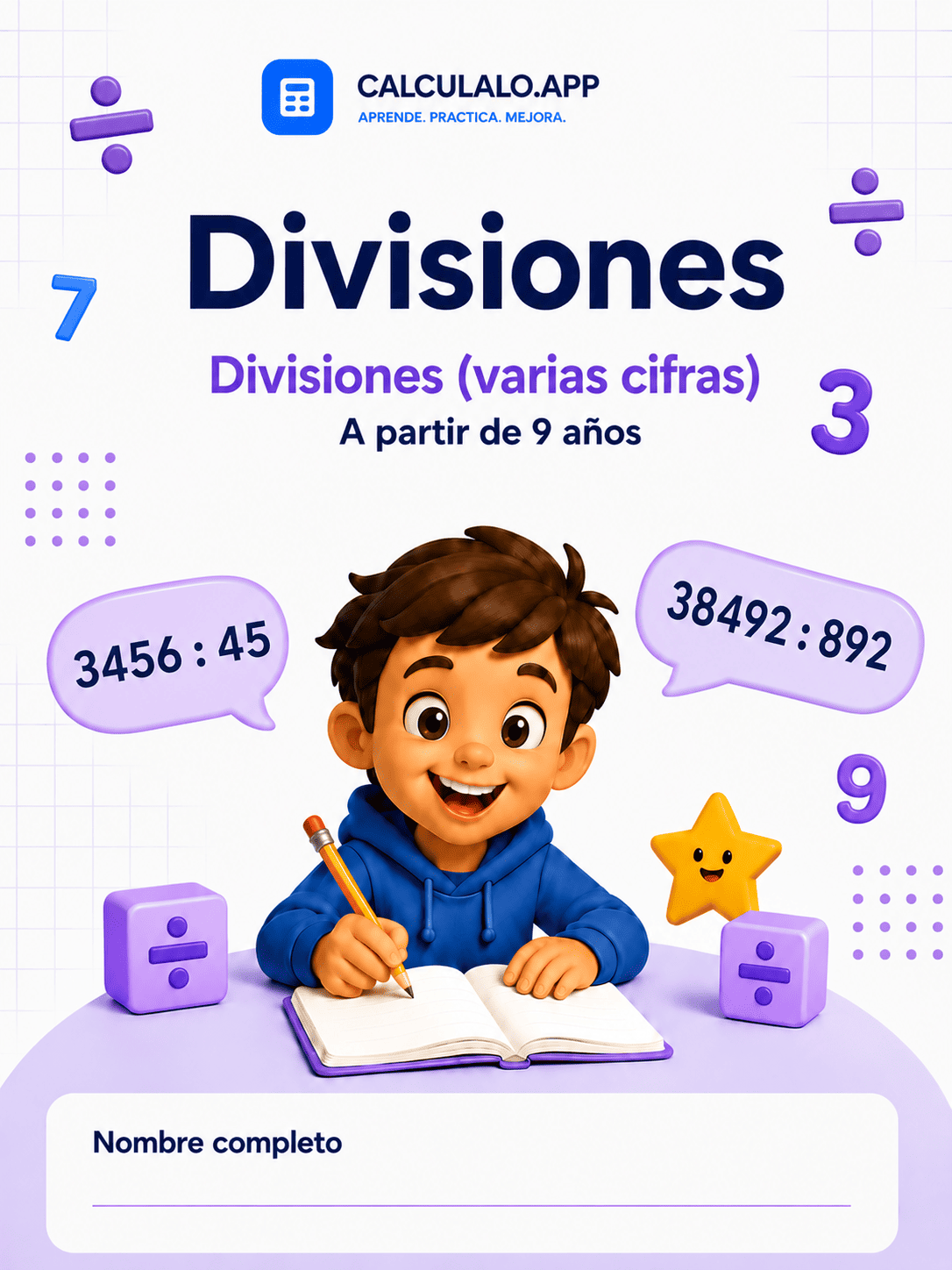 Portada del cuadernillo de divisiones de varias cifras para imprimir — 4º de Primaria