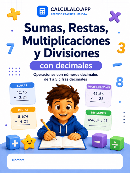 Portada de Sumas, restas, multiplicaciones y divisiones decimales para imprimir — 6º de Primaria