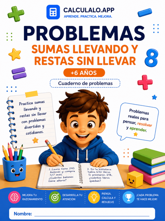 Portada de Problemas: Sumas llevando y restas sin llevar para imprimir — 1º de Primaria