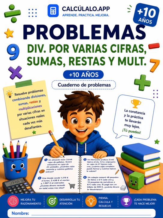Portada de Problemas: Divisiones por varias cifras, Sumas, Restas y Multiplicaciones para imprimir — 5º de Primaria