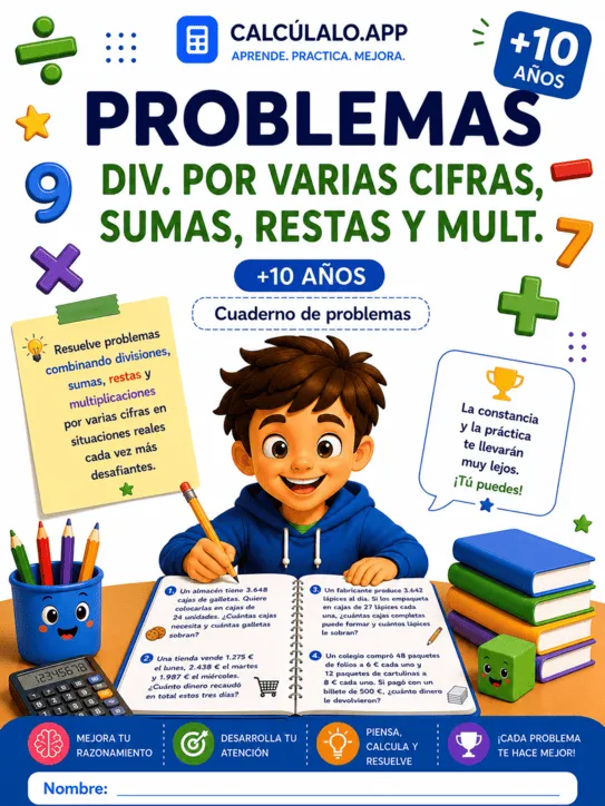 Cuadernillo Problemas: Divisiones por varias cifras, Sumas, Restas y Multiplicaciones — 5º de Primaria